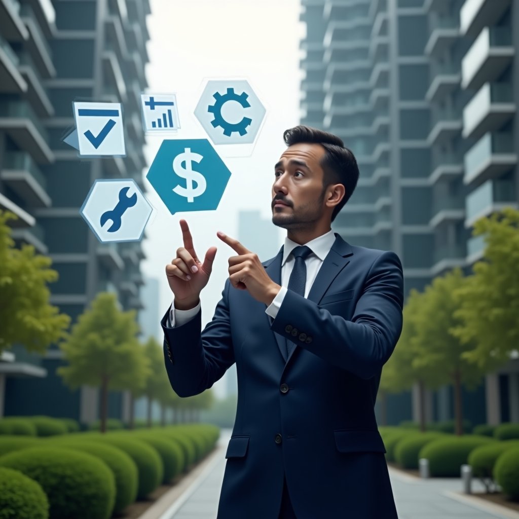 (Ultra-realistic condominium manager in a navy executive suit, set in a modern luxury condominium environment with high-rise buildings and manicured green landscaping, medium shot of the manager confidently pointing at floating holographic icons of a calendar, wrench, dollar sign and chat bubble symbolizing planning, maintenance, finances and communication, thoughtful expression, cinematic lighting, shallow depth of field, highly detailed textures, realistic skin, photographic realism, 8k resolution --ar 1:1 --v 6)