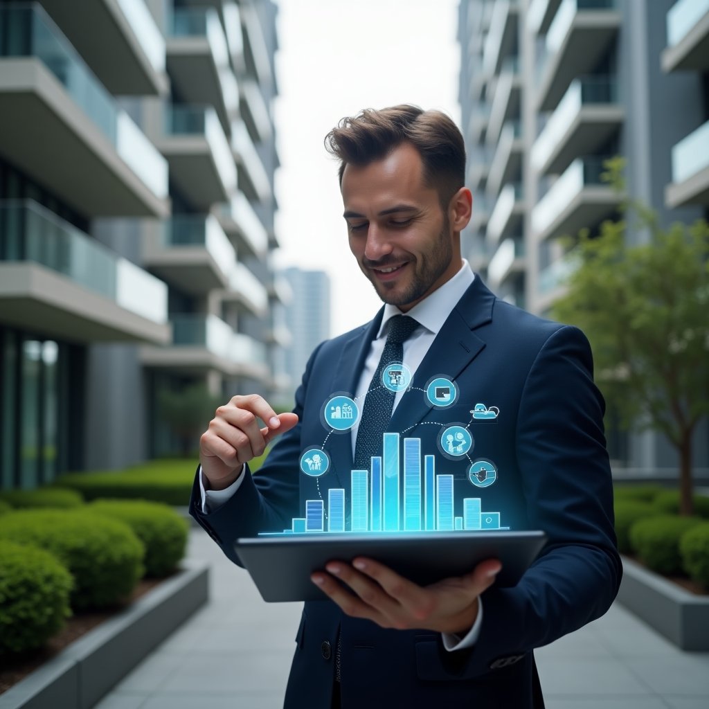 (Ultra-realistic condominium manager in a tailored navy suit, set in a modern luxury condominium environment with high-rise buildings and manicured green landscaping, holding a tablet displaying a dynamic app interface with floating holographic icons of financial charts, chat bubbles, and maintenance tools, confidently pointing at the holograms with a thoughtful smile, cinematic lighting, shallow depth of field, highly detailed textures, realistic skin, photographic realism, 8k resolution --ar 1:1 --v 6)