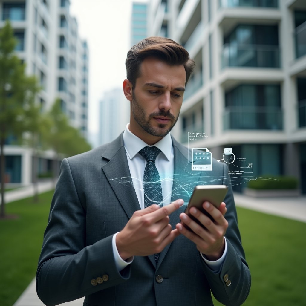 Ultra-realistic property manager in a charcoal grey suit, set in a modern luxury condominium environment with high-rise buildings and pristine green landscaping, holding a smartphone projecting a holographic interface with calendar icons, supplier rating stars and a search magnifying glass, looking confident and analytical, cinematic lighting, shallow depth of field, highly detailed textures, realistic skin, photographic realism, 8k resolution --ar 1:1 --v 6