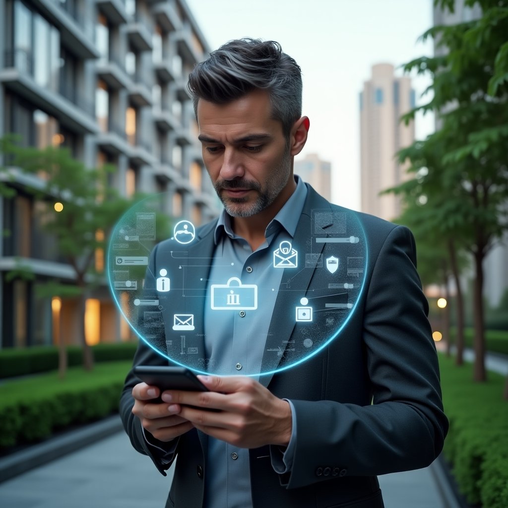 (Ultra-realistic condominium manager in a charcoal gray suit, set in a modern luxury condominium environment with high-rise buildings and lush green landscaping, holding a smartphone and analyzing a holographic interface of a management app with floating icons for billing, messaging and security, confident expression, cinematic lighting, shallow depth of field, highly detailed textures, realistic skin, photographic realism, 8k resolution --ar 1:1 --v 6)