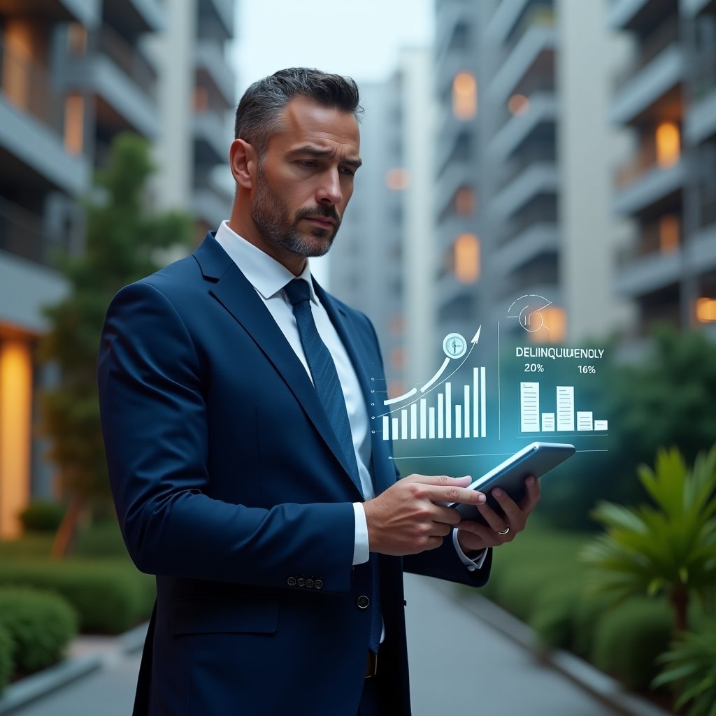 Ultra-realistic condominium manager in a navy blue suit, set in a modern luxury condominium environment with high-rise buildings and lush green landscaping, holding a tablet projecting holographic charts of declining delinquency rates and floating invoice icons, confident and focused expression, cinematic lighting, shallow depth of field, highly detailed textures, realistic skin, photographic realism, 8k resolution --ar 1:1 --v 6