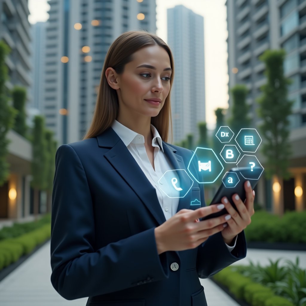 Ultra-realistic condominium manager in a tailored navy blue suit, set in a modern luxury condominium environment with high-rise buildings and lush green landscaping, medium shot of a confident professional woman holding a smartphone that projects holographic icons of billing, reservation and communication, cinematic lighting, shallow depth of field, highly detailed textures, realistic skin, photographic realism, 8k resolution --ar 1:1 --v 6