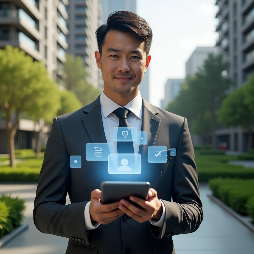 (Ultra-realistic condominium manager in a charcoal gray suit, set in a modern luxury condominium environment with high-rise buildings and lush green landscaping, mid-shot holding a tablet displaying holographic chat bubbles and notification icons symbolizing efficient communication between manager and residents, confident and approachable expression, cinematic lighting, shallow depth of field, highly detailed textures, realistic skin, photographic realism, 8k resolution --ar 1:1 --v 6)