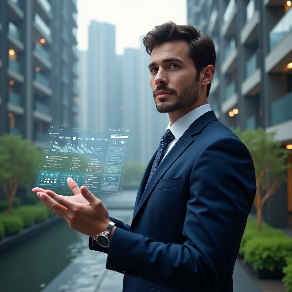 Ultra-realistic condominium manager in a navy blue suit, set in a modern luxury condominium environment with high-rise buildings and green landscaping, interacting with a floating holographic interface showing communications alerts, reservation calendar, financial dashboard and security icons, confident expression, cinematic lighting, shallow depth of field, highly detailed textures, realistic skin, photographic realism, 8k resolution --ar 1:1 --v 6