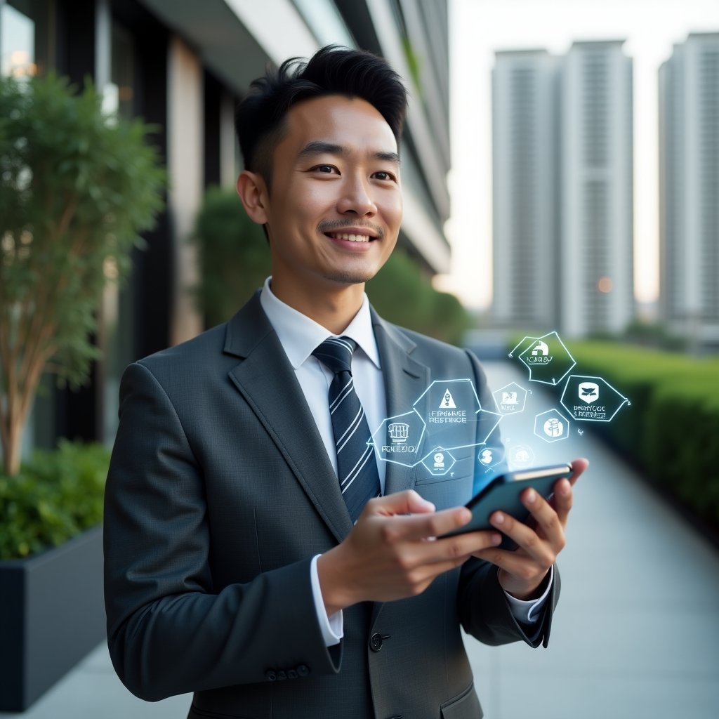 Ultra-realistic condominium manager in a charcoal gray suit, holding a smartphone displaying a holographic app interface with floating icons for finance, reservations, and chat, set in a modern luxury condominium environment with high-rise buildings and manicured green landscaping, confident expression, medium shot, cinematic lighting, shallow depth of field, highly detailed textures, realistic skin, photographic realism, 8k resolution --ar 1:1 --v 6