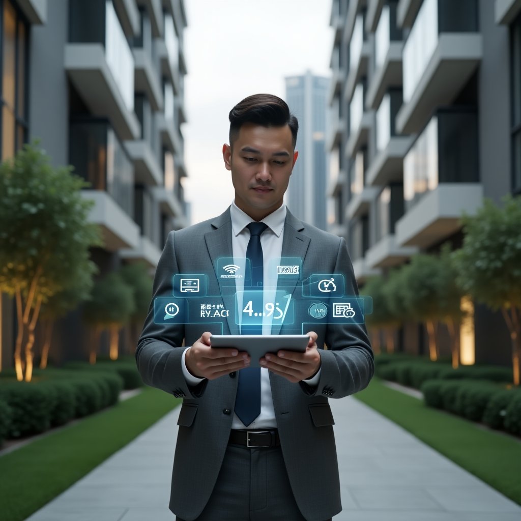 (Ultra-realistic condominium manager in an elegant gray business suit, set in a modern luxury condominium courtyard with high-rise buildings and manicured green landscaping, medium shot holding a tablet projecting a holographic dashboard with icons for accounting, booking, and communication, confidently studying the digital interface, cinematic lighting, shallow depth of field, highly detailed textures, realistic skin, photographic realism, 8k resolution --ar 1:1 --v 6)