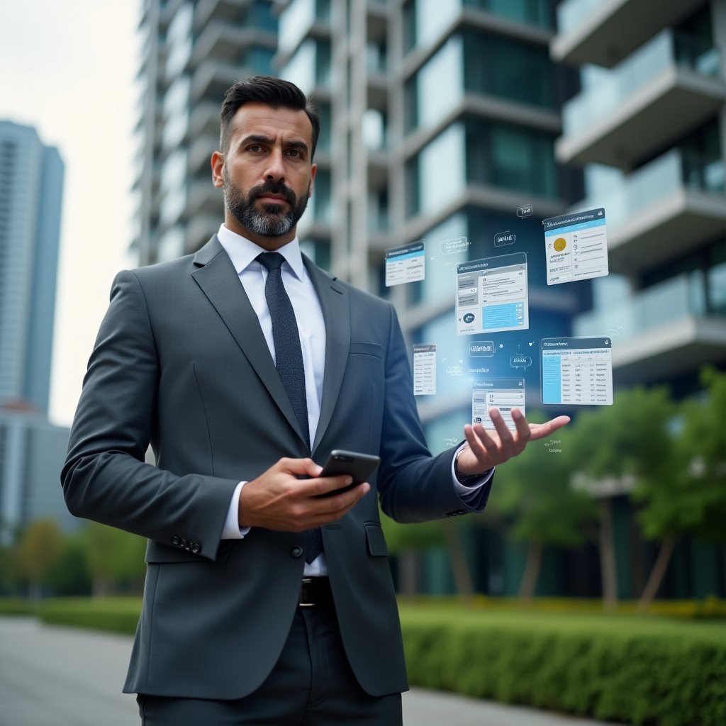 Ultra-realistic condominium manager in a tailored charcoal gray suit, set in a modern luxury condominium environment with glass-front high-rise buildings and lush green landscaping, holding a smartphone and swiping on floating holographic dashboards displaying payment invoices, chat notifications, and reservation calendars, confident expression conveying high-performance management, cinematic lighting, shallow depth of field, highly detailed textures, realistic skin, photographic realism, 8k resolution --ar 1:1 --v 6