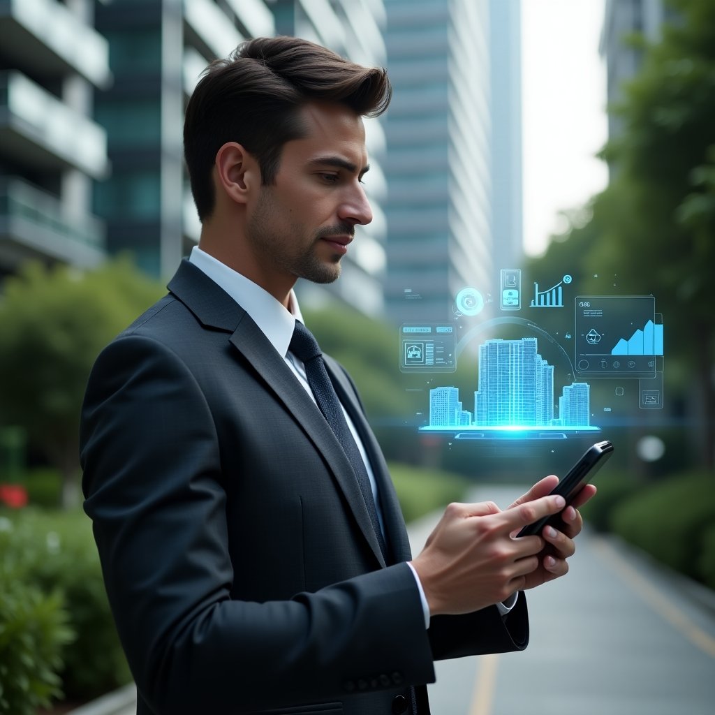 (Ultra-realistic property manager in a charcoal tailored suit, set in a modern luxury condominium environment with high-rise glass buildings and manicured green landscaping, holding a smartphone displaying a holographic condominium management interface, surrounded by floating 3D icons of buildings, charts and alert notifications, confident expression, cinematic lighting, shallow depth of field, highly detailed textures, realistic skin, photographic realism, 8k resolution --ar 1:1 --v 6)
