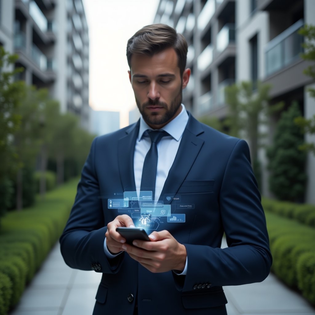 (Ultra-realistic condominium manager in a tailored navy suit, set in a modern luxury condominium environment with high-rise buildings and manicured green landscaping, holding a smartphone displaying floating holographic notification icons, chat bubbles and interactive graphs representing real-time updates and data security, cinematic lighting, shallow depth of field, highly detailed textures, realistic skin, photographic realism, 8k resolution --ar 1:1 --v 6)