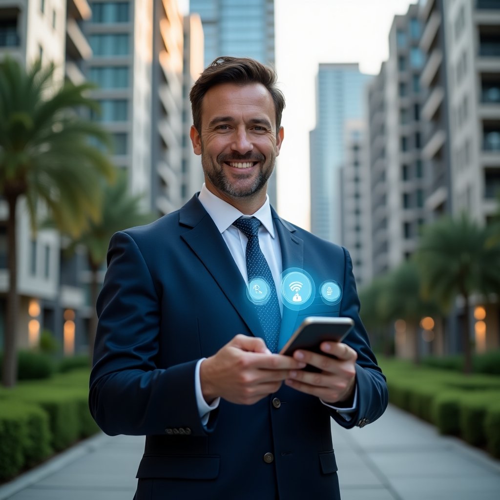 Ultra-realistic condominium manager in a dark blue suit, set in a modern luxury condominium environment with high-rise buildings and well-manicured green landscaping, holding a smartphone displaying a condominium management app interface, with floating holographic icons for finance, communication, and security, confident smile, cinematic lighting, shallow depth of field, highly detailed textures, realistic skin, photographic realism, 8k resolution --ar 1:1 --v 6