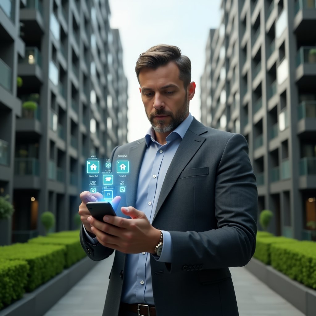 (Ultra-realistic condominium manager in a charcoal gray executive suit, set in a modern luxury condominium environment with high-rise buildings and manicured green landscaping, mid shot holding a smartphone displaying a holographic security dashboard with access control and camera feed icons, looking confident and focused, cinematic lighting, shallow depth of field, highly detailed textures, realistic skin, photographic realism, 8k resolution --ar 1:1 --v 6)