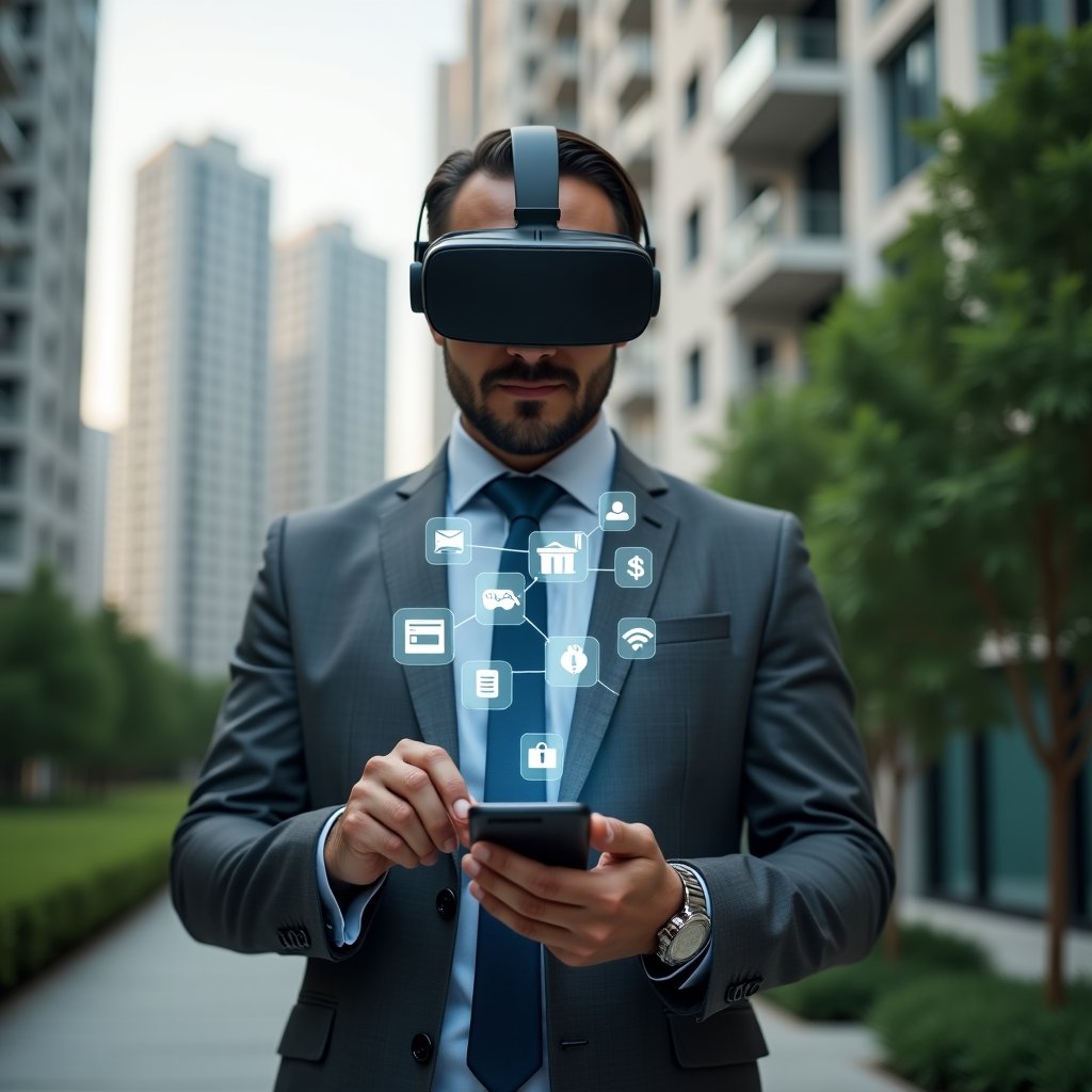 (Ultra-realistic condominium manager in a tailored charcoal-gray suit, set in a modern luxury condominium environment with high-rise residential towers and lush green landscaping, mid shot of the professional confidently holding a smartphone displaying floating holographic icons of notifications, chat bubbles, calendar and reports, cinematic lighting, shallow depth of field, highly detailed textures, realistic skin, photographic realism, 8k resolution --ar 1:1 --v 6)