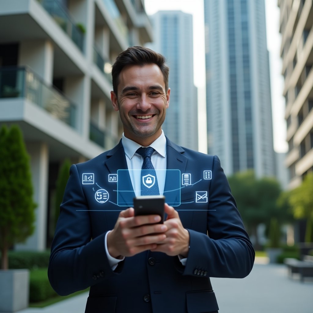 Ultra-realistic property manager in a sleek navy blue suit, set in a modern luxury condominium environment with high-rise buildings and green landscaping, holding a smartphone displaying a holographic app interface featuring task checklists, chat bubbles, and a security shield, smiling confidently and analyzing data, cinematic lighting, shallow depth of field, highly detailed textures, realistic skin, photographic realism, 8k resolution --ar 1:1 --v 6