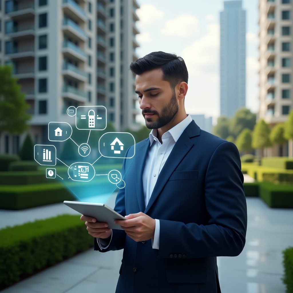 (Ultra-realistic condominium manager in a tailored navy suit, set in a modern luxury condominium environment with high-rise buildings and manicured green landscaping, confidently holding a tablet displaying a condominium management app interface, surrounded by floating holographic chat bubbles, calendar icons and financial graphs, cinematic lighting, shallow depth of field, highly detailed textures, realistic skin, photographic realism, 8k resolution --ar 1:1 --v 6)