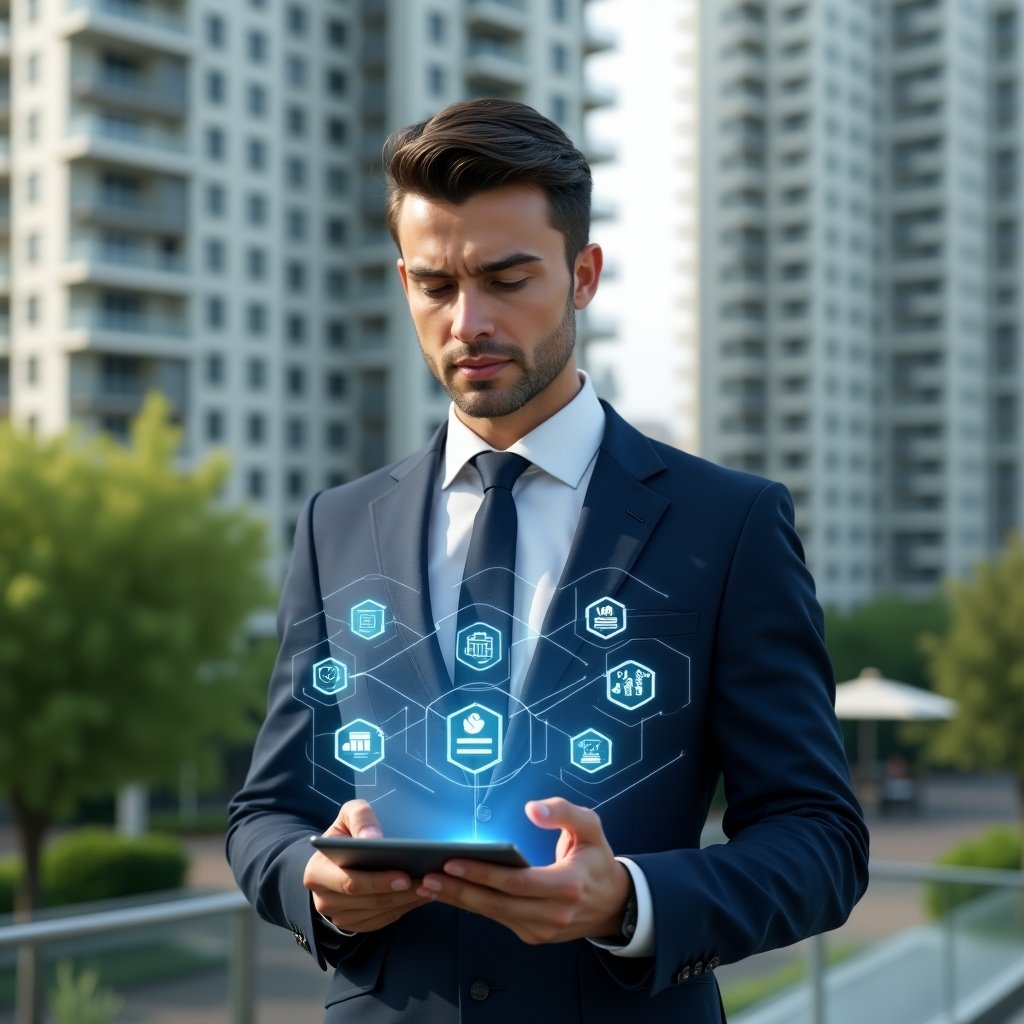 Ultra-realistic professional condominium manager in a navy blue tailored suit, set in a modern luxury condominium environment with high-rise buildings and lush green landscaping, interacting with a holographic interface on a tablet displaying icons of financial charts, assembly voting checklists, and chat notifications, confident expression, cinematic lighting, shallow depth of field, highly detailed textures, realistic skin, photographic realism, 8k resolution --ar 1:1 --v 6