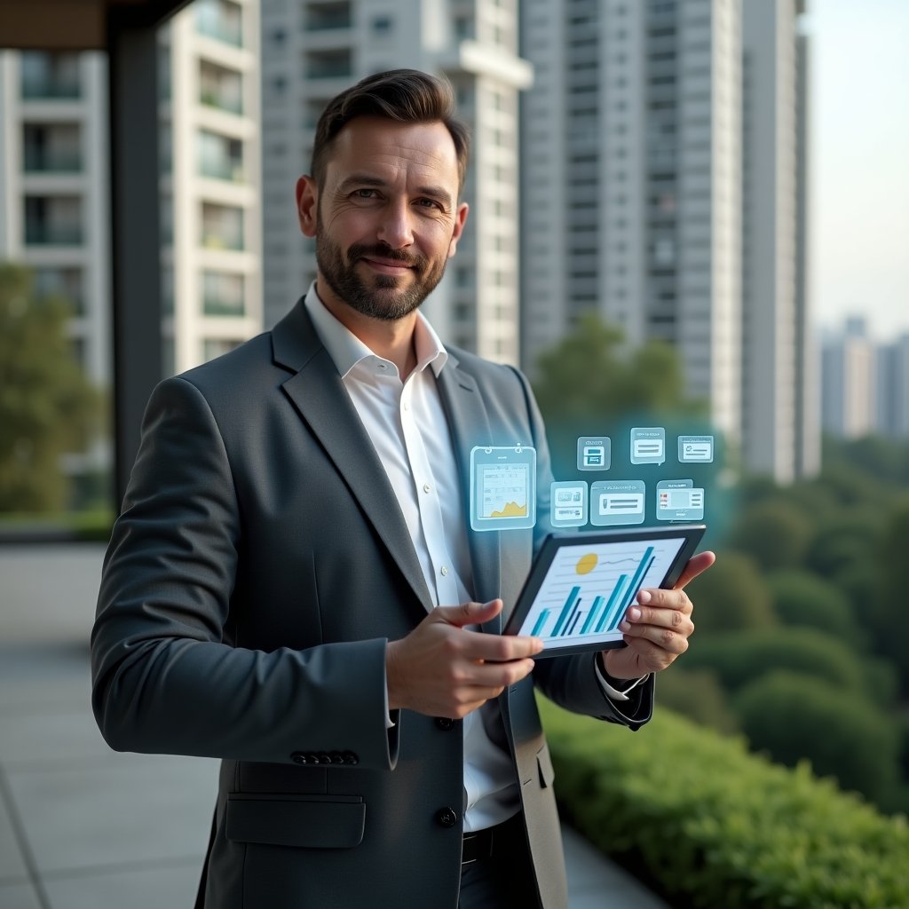 (Ultra-realistic condominium manager in a charcoal gray suit, set in a modern luxury condominium environment with high-rise buildings and green landscaping, confidently holding a tablet displaying a holographic dashboard with virtual assembly votes, financial bar charts and chat bubbles, cinematic lighting, shallow depth of field, highly detailed textures, realistic skin, photographic realism, 8k resolution --ar 1:1 --v 6)