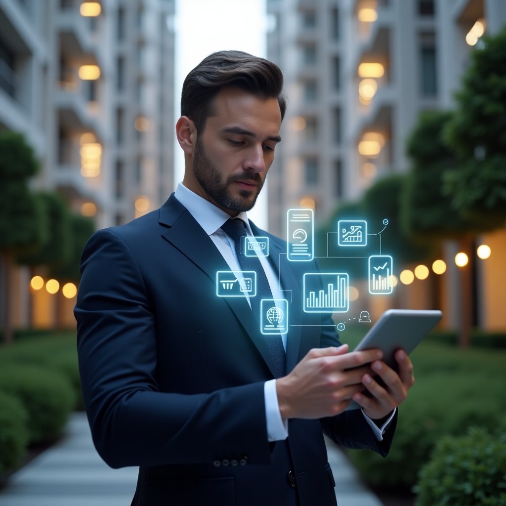 Ultra-realistic condominium manager in a sleek navy suit, set in a modern luxury condominium environment with high-rise buildings and meticulously landscaped gardens, reviewing a tablet that projects holographic icons of chat bubbles, calendars, and financial charts, conveying efficient communication and transparent management, confident and focused expression, cinematic lighting, shallow depth of field, highly detailed textures, realistic skin, photographic realism, 8k resolution --ar 1:1 --v 6