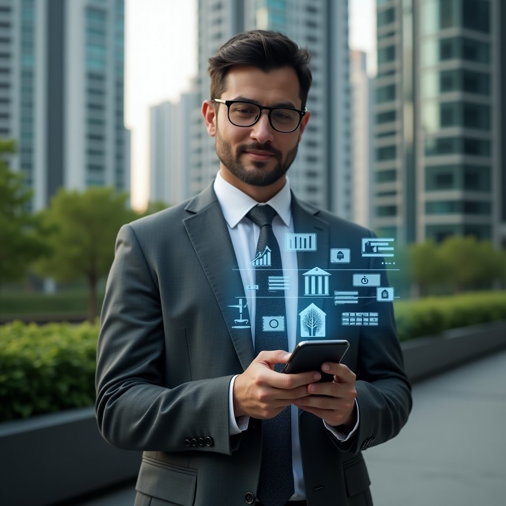 Ultra-realistic condominium manager in a charcoal gray executive suit, set in a modern luxury condominium environment with high-rise buildings and green landscaping, holding a smartphone at mid-chest level while holographic icons of financial charts, chat messages, security camera feed, and reservation calendar float above the device, confident and focused expression, cinematic lighting, shallow depth of field, highly detailed textures, realistic skin, photographic realism, 8k resolution --ar 1:1 --v 6