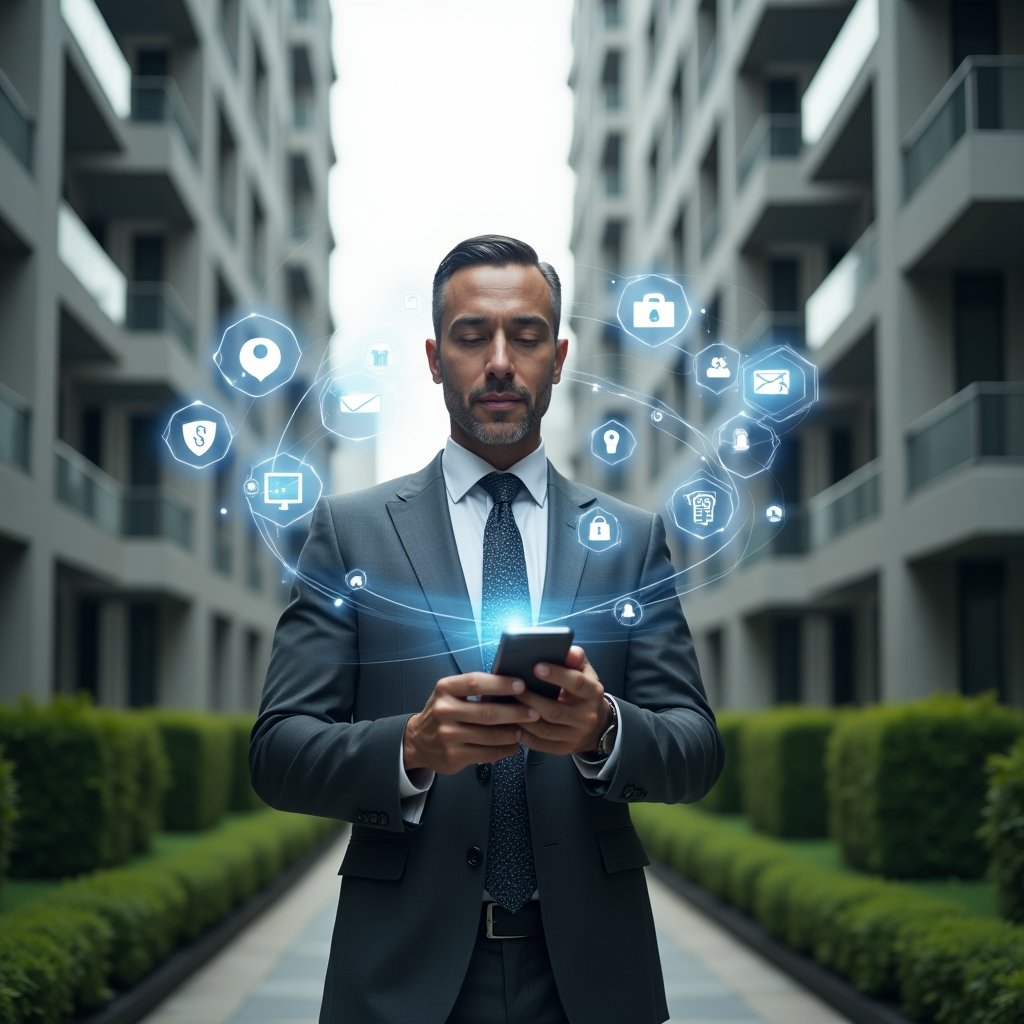 (Ultra-realistic condominium manager in a charcoal gray executive suit, set in a modern luxury condominium environment with high-rise buildings and manicured green landscaping, mid-shot of a confident professional holding a smartphone and interacting with floating holographic app icons for communication, security and finance, dynamic holographic interface panels swirling around, cinematic lighting, shallow depth of field, highly detailed textures, realistic skin, photographic realism, 8k resolution --ar 1:1 --v 6)