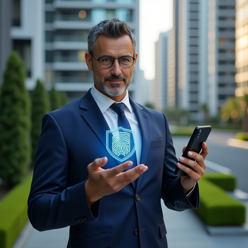 (Ultra-realistic property manager in a navy blue suit, set in a modern luxury condominium environment with high-rise buildings and manicured green landscaping, holding a smartphone displaying a holographic biometric interface and a floating shield icon symbolizing security, confident expression, cinematic lighting, shallow depth of field, highly detailed textures, realistic skin, photographic realism, 8k resolution --ar 1:1 --v 6)