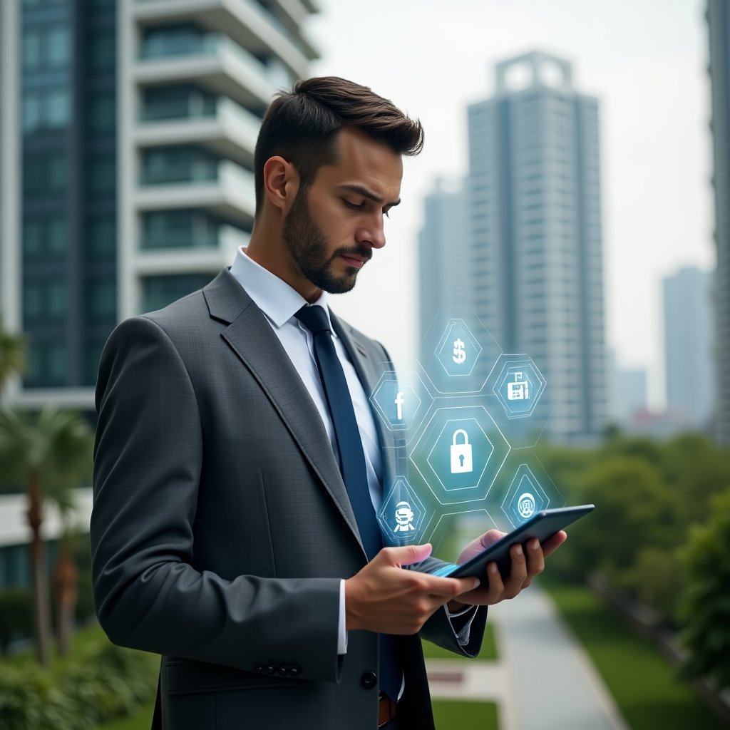 (Ultra-realistic condominium manager in a sleek charcoal-gray tailored suit, set in a modern luxury condominium environment with high-rise buildings and manicured green landscaping, holding a transparent tablet displaying floating holographic icons for finance, communication, and access control, analyzing with a confident expression, holographic interface elements symbolizing condominium management tools, cinematic lighting, shallow depth of field, highly detailed textures, realistic skin, photographic realism, 8k resolution --ar 1:1 --v 6)
