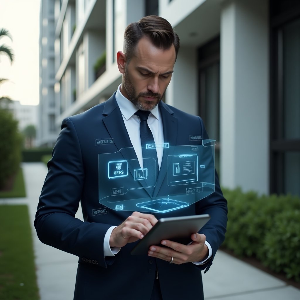 (Ultra-realistic condominium manager in a navy blue tailored suit, set in a modern luxury condominium environment with high-rise buildings and manicured green landscaping, holding a tablet and interacting with floating holographic app icons representing communication, reservations and financial charts, confident and focused expression, cinematic lighting, shallow depth of field, highly detailed textures, realistic skin, photographic realism, 8k resolution --ar 1:1 --v 6)