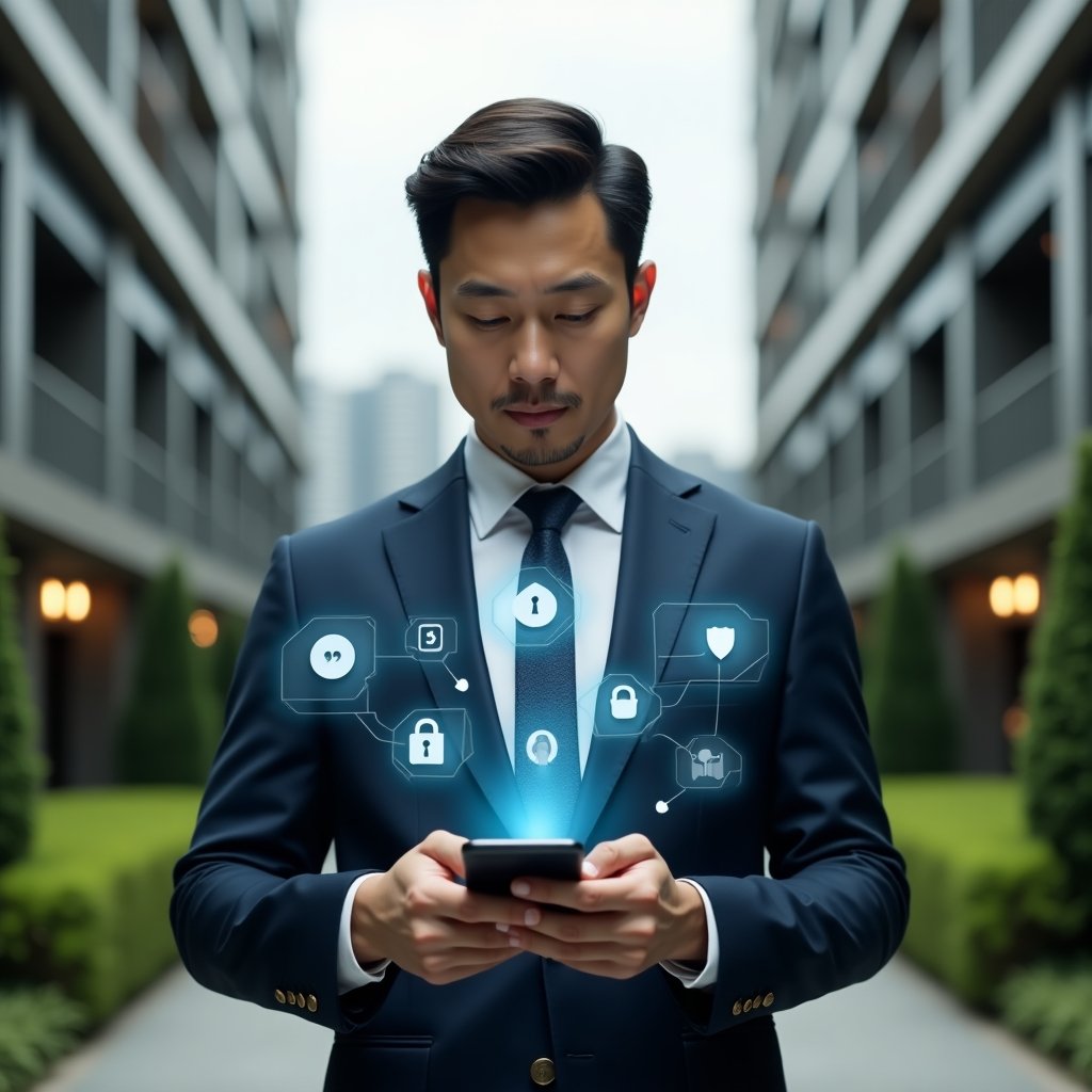 (Ultra-realistic condominium manager in a navy tailored suit, set in a modern luxury condominium environment with high-rise buildings and manicured green landscaping, medium shot holding a smartphone projecting holographic condominium management icons (reservations, security lock, chat bubbles), confident and focused expression, cinematic lighting, shallow depth of field, highly detailed textures, realistic skin, photographic realism, 8k resolution --ar 1:1 --v 6)