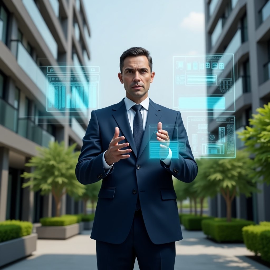 (Ultra-realistic condominium manager in a navy blue tailored suit, set in a modern luxury condominium environment with high-rise buildings and lush green landscaping, standing confidently and gesturing toward a floating holographic interface showing virtual meeting windows, digital voting icons and quorum charts, serious and focused expression, cinematic lighting, shallow depth of field, highly detailed textures, realistic skin, photographic realism, 8k resolution --ar 1:1 --v 6)