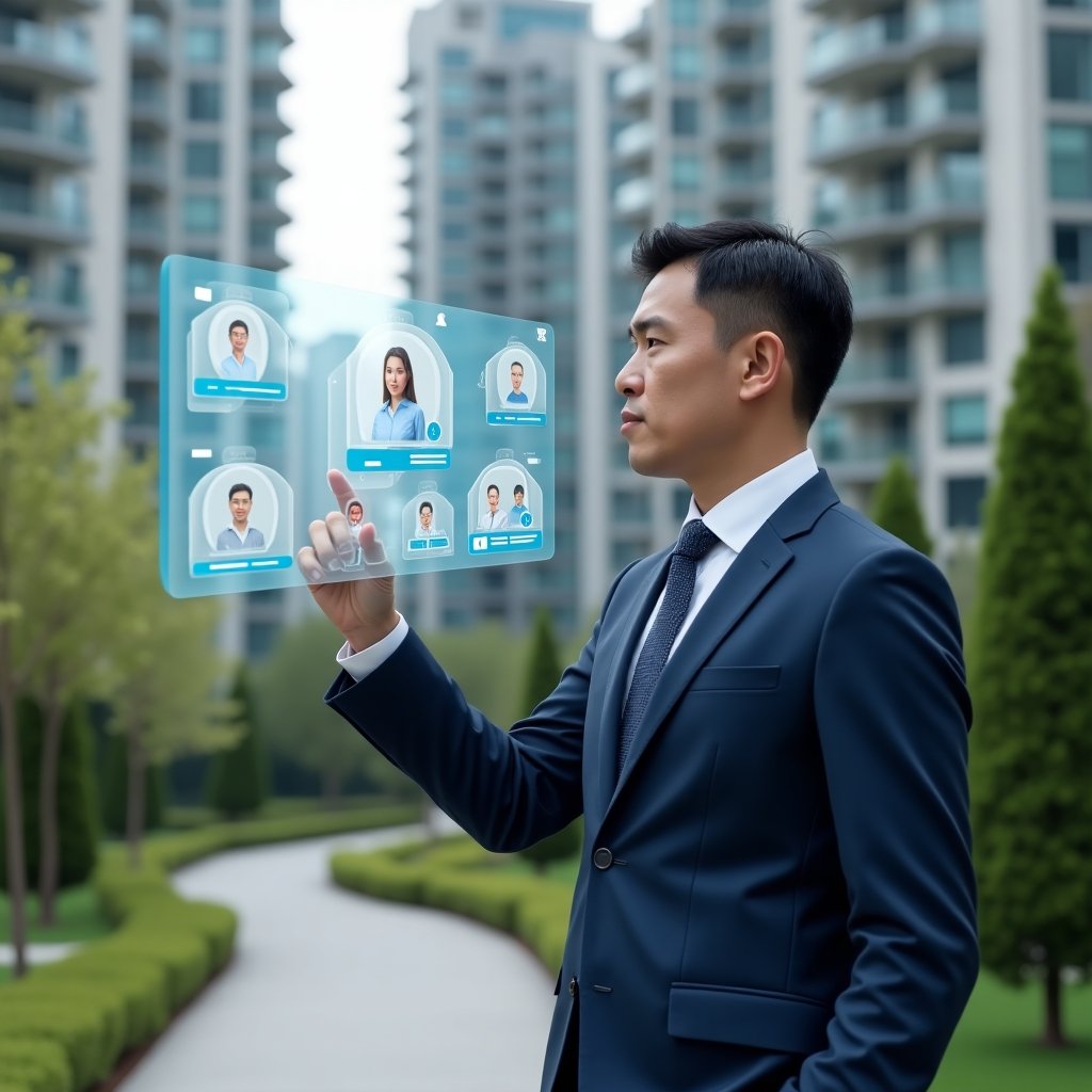 (Ultra-realistic property manager in a navy blue executive suit, set in a modern luxury condominium environment with high-rise buildings and manicured green landscaping, confidently interacting with a floating holographic assembly interface displaying voting icons, transparent charts and participant avatars, cinematic lighting, shallow depth of field, highly detailed textures, realistic skin, photographic realism, 8k resolution --ar 1:1 --v 6)