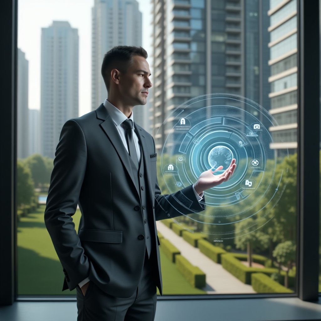 Ultra-realistic building manager in a charcoal gray sleek suit, set in a modern luxury condominium environment with high-rise towers and manicured green gardens, interacting with a floating holographic control panel displaying lighting, temperature and security dashboards, digital icons of sensors and energy efficiency orbiting around, confident and focused expression, cinematic lighting, shallow depth of field, highly detailed textures, realistic skin, photographic realism, 8k resolution --ar 1:1 --v 6
