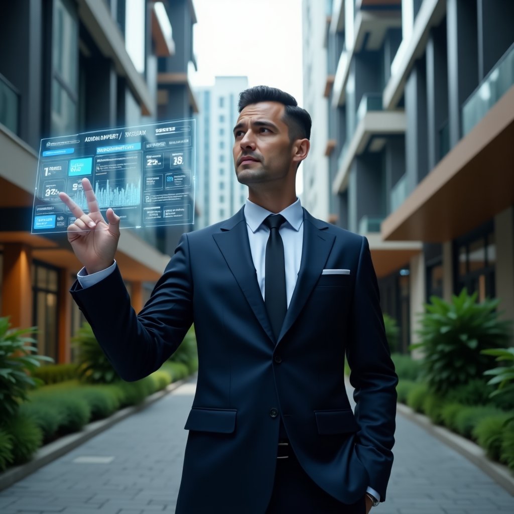 Ultra-realistic property manager in a navy blue suit, set in a modern luxury condominium environment with high-rise buildings and manicured green landscaping, pointing at a floating holographic interface displaying smart building sensors, energy graphs and security alerts, confident and focused expression, cinematic lighting, shallow depth of field, highly detailed textures, realistic skin, photographic realism, 8k resolution --ar 1:1 --v 6