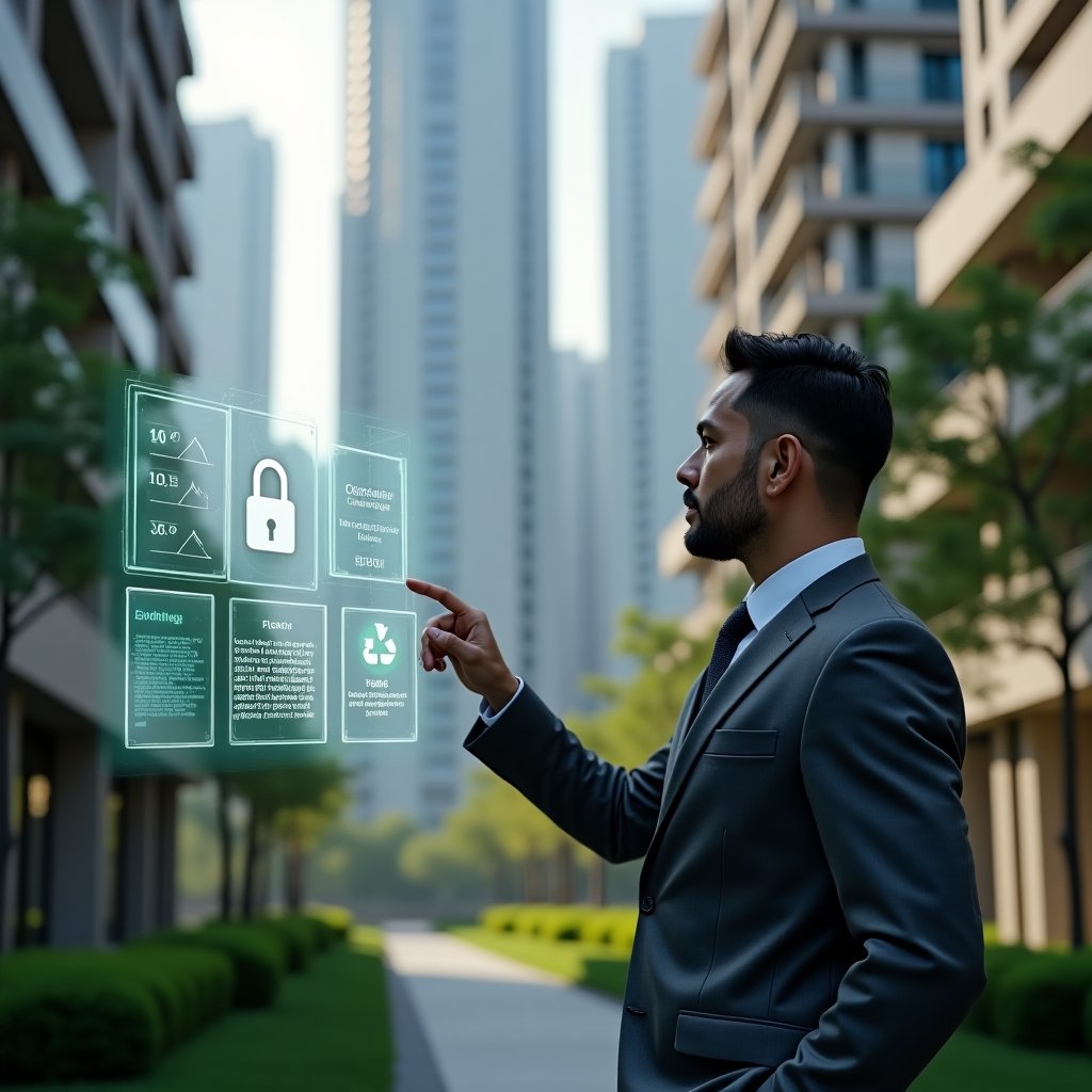 (Ultra-realistic building manager in a charcoal grey suit, set in a modern luxury condominium environment with high-rise buildings and well-manicured green landscaping, thoughtfully pointing at a holographic smart building interface displaying energy graphs, a security padlock and a green leaf symbolizing sustainability, cinematic lighting, shallow depth of field, highly detailed textures, realistic skin, photographic realism, 8k resolution --ar 1:1 --v 6)