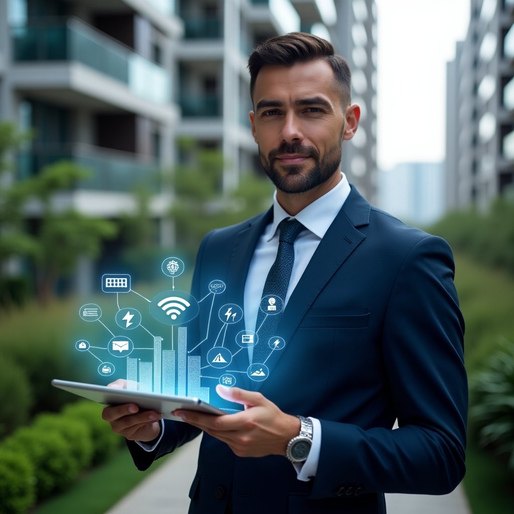 (Ultra-realistic condominium property manager in a dark blue tailored suit, set in a modern luxury condominium environment with high-rise buildings and lush green landscaping, holding a transparent tablet displaying holographic automation and sustainability dashboards, confident expression, futuristic holographic icons of sensors and energy metrics floating around, cinematic lighting, shallow depth of field, highly detailed textures, realistic skin, photographic realism, 8k resolution --ar 1:1 --v 6)