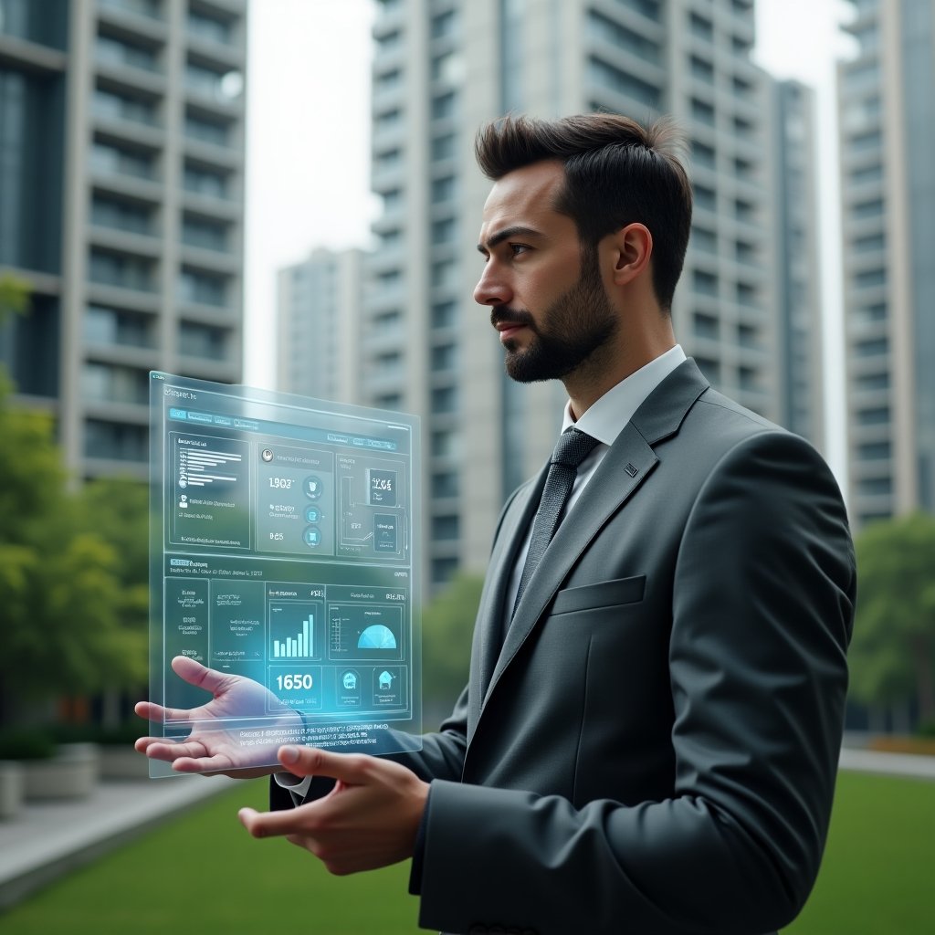 (Ultra-realistic condominium manager in a charcoal gray executive suit, set in a modern luxury condominium environment with high-rise buildings and lush green landscaping, interacting with a floating holographic dashboard displaying IoT sensors, energy efficiency charts and smart access controls, confident and focused expression, cinematic lighting, shallow depth of field, highly detailed textures, realistic skin, photographic realism, 8k resolution --ar 1:1 --v 6)
