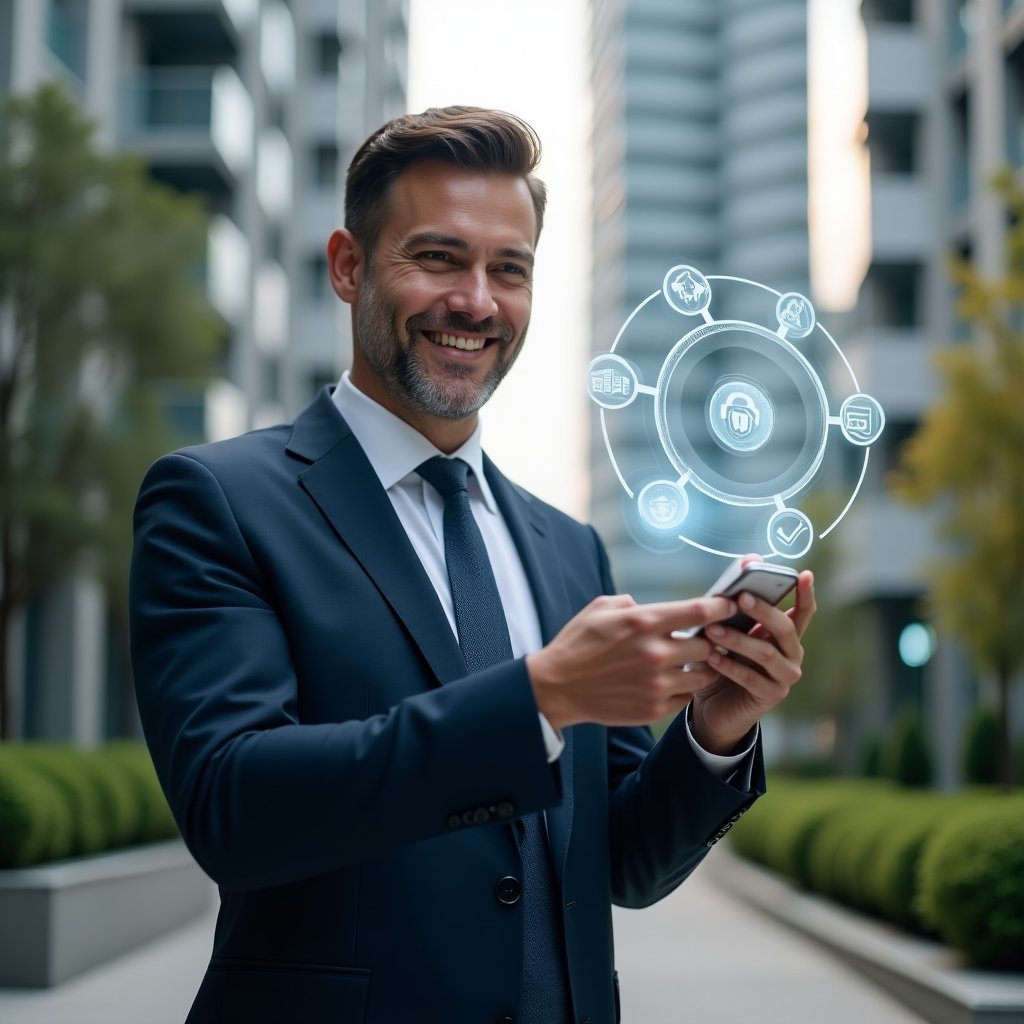 (Ultra-realistic condominium manager in a tailored navy suit, set in a modern luxury condominium environment with high-rise buildings and manicured green landscaping, medium shot of the professional smiling confidently while interacting with a floating holographic condominium management app interface displaying icons for reservations, communication and security, cinematic lighting, shallow depth of field, highly detailed textures, realistic skin, photographic realism, 8k resolution --ar 1:1 --v 6)