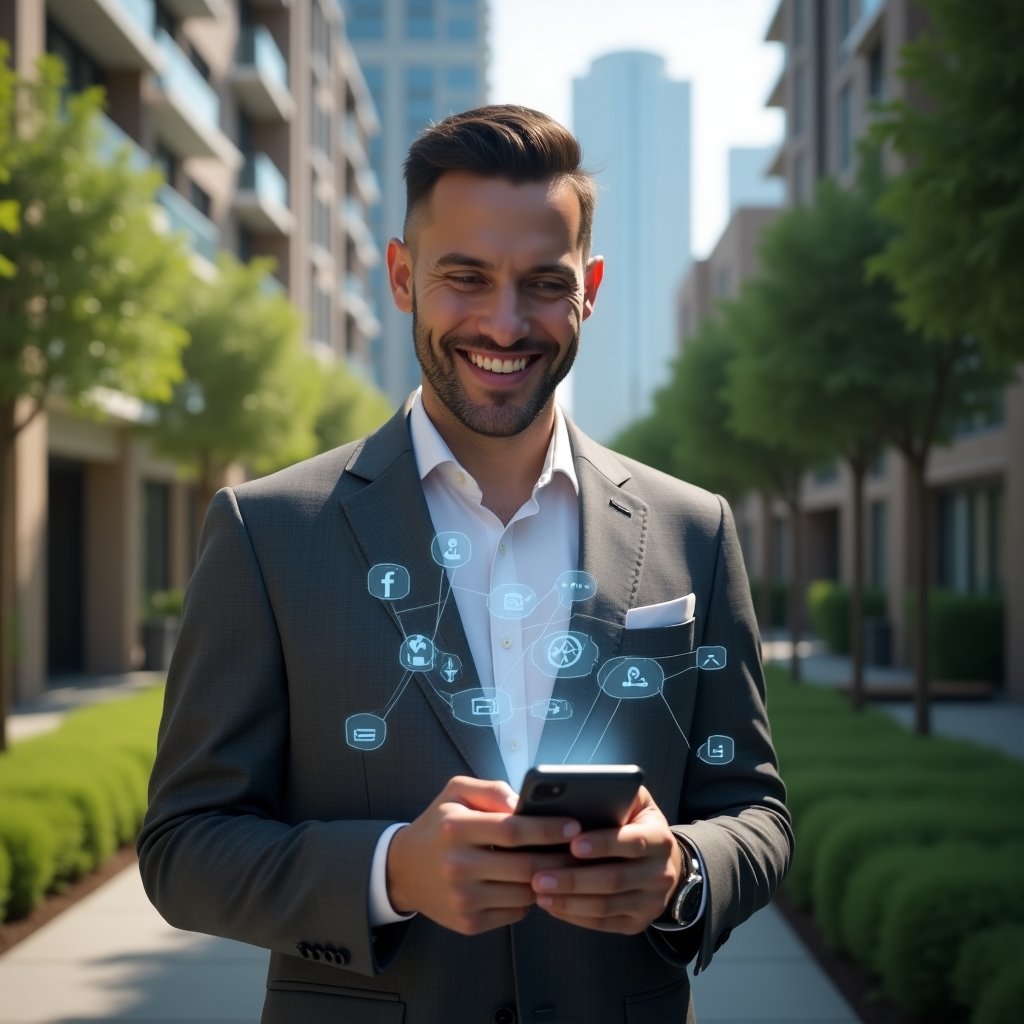 Ultra-realistic condominium manager in a charcoal gray tailored suit, set in a modern luxury condominium environment with high-rise buildings and lush landscaped gardens, medium shot close-up of a confident manager smiling and holding a smartphone with floating holographic icons representing a condominium app and management software, cinematic lighting, shallow depth of field, highly detailed textures, realistic skin, photographic realism, 8k resolution --ar 1:1 --v 6