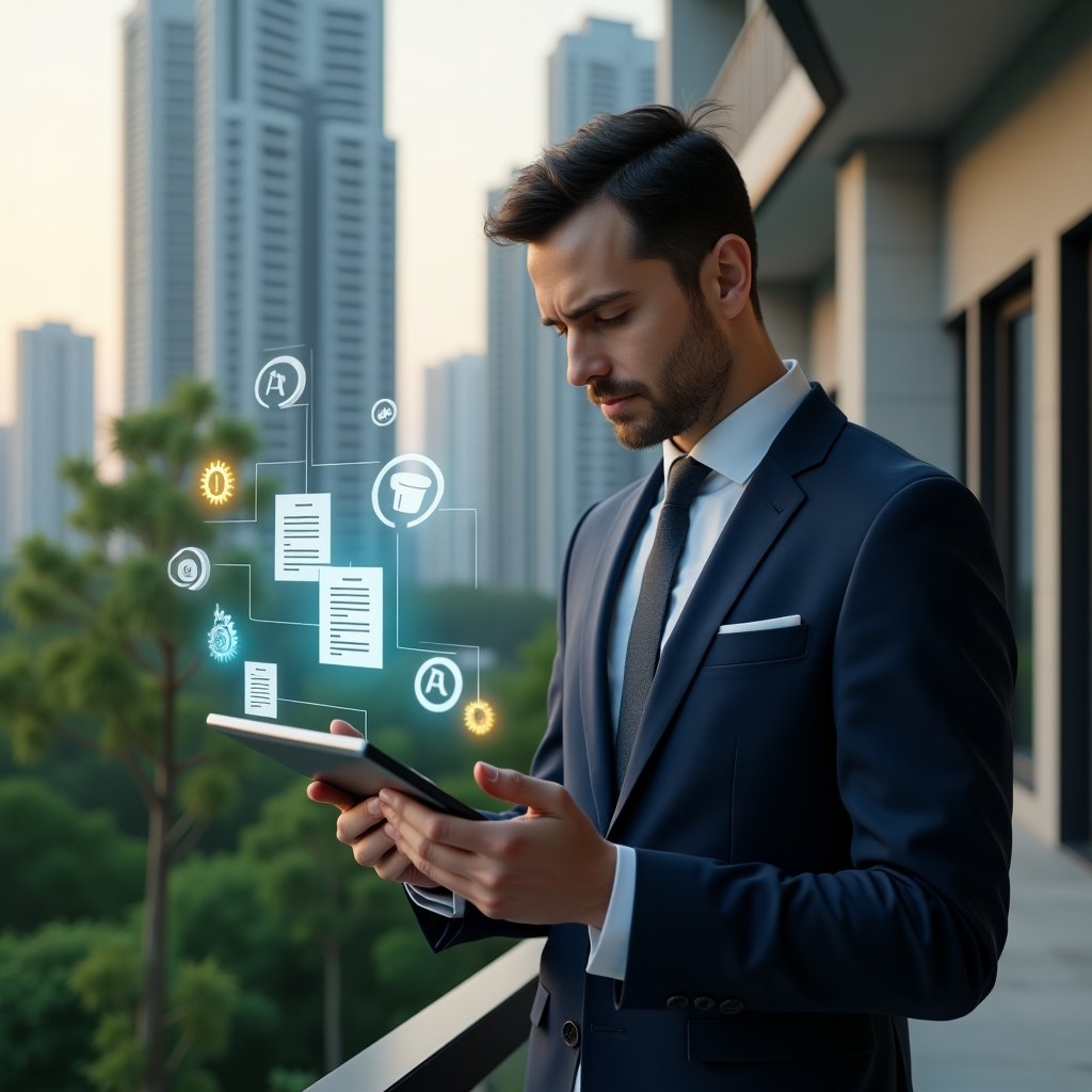 Ultra-realistic condominium manager in a dark navy suit, set in a modern luxury condominium environment with high-rise buildings and lush green landscaping, confidently reviewing a digital checklist on a sleek tablet with floating holographic icons of documents, coins, gears and chat bubbles, cinematic lighting, shallow depth of field, highly detailed textures, realistic skin, photographic realism, 8k resolution --ar 1:1 --v 6