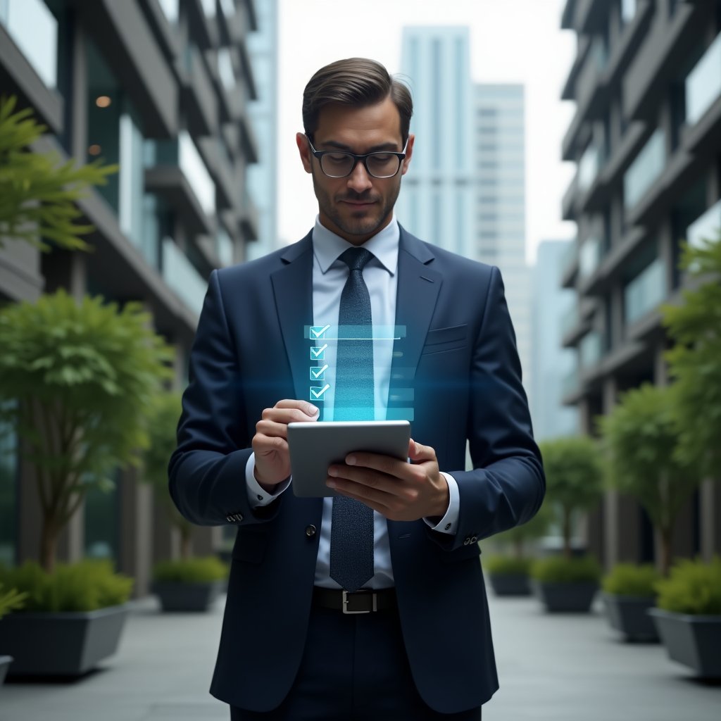 (Ultra-realistic condominium manager in a tailored navy suit, set in a modern luxury condominium environment with high-rise buildings and lush green landscaping, holding a tablet displaying a glowing holographic checklist and confidently tapping off items, faint holographic checkmark icons floating around him, cinematic lighting, shallow depth of field, highly detailed textures, realistic skin, photographic realism, 8k resolution --ar 1:1 --v 6)