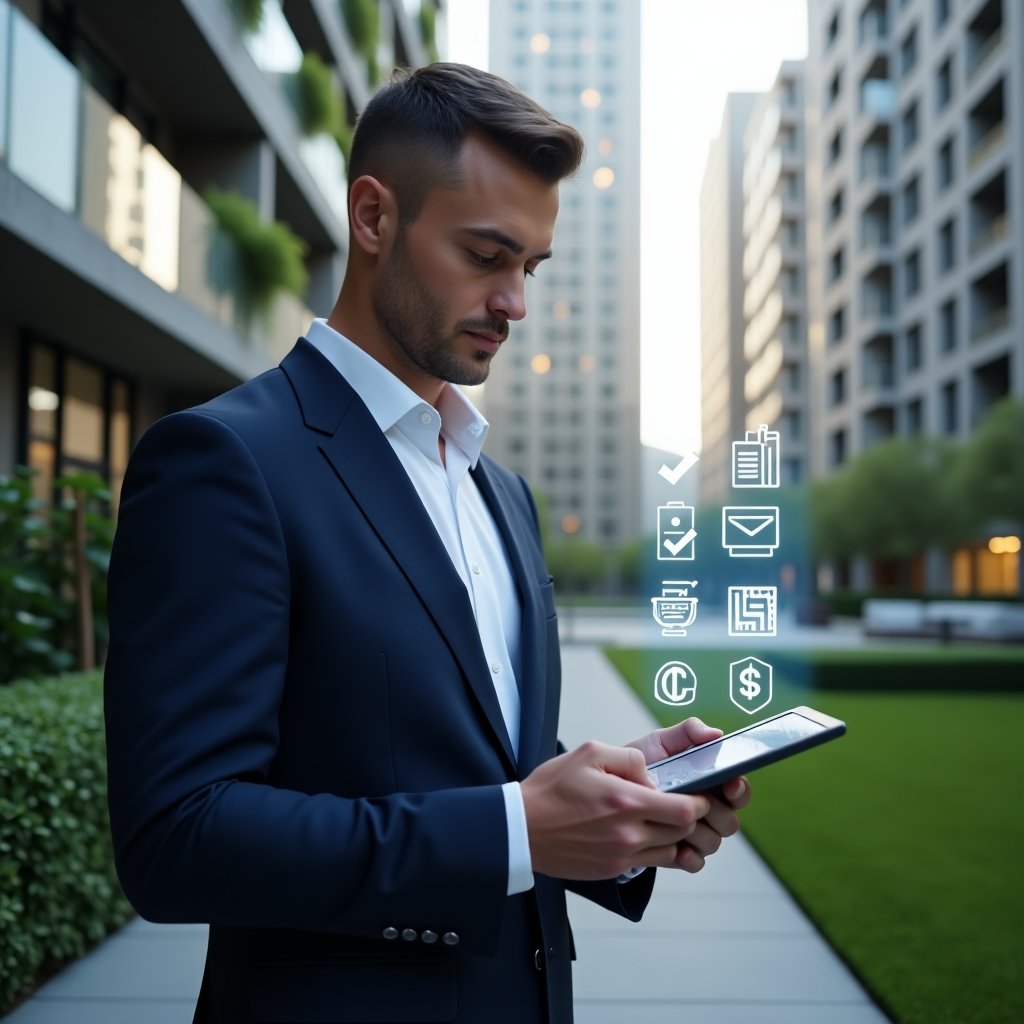 (Ultra-realistic condominium manager in a navy suit with a white shirt, set in a modern luxury condominium environment with high-rise buildings and manicured green landscaping, reviewing a digital checklist hologram on a glass tablet with floating icons for documents, finances, communication and maintenance, confident and focused expression, cinematic lighting, shallow depth of field, highly detailed textures, realistic skin, photographic realism, 8k resolution --ar 1:1 --v 6)