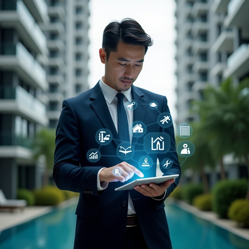 (Ultra-realistic condominium manager in a navy business suit, set in a modern luxury condominium environment with high-rise buildings and lush green landscaping, holding a tablet displaying a digital checklist and tapping to check off tasks, holographic icons of maintenance tools, financial charts, and meeting agendas floating above the screen, confident and focused expression, cinematic lighting, shallow depth of field, highly detailed textures, realistic skin, photographic realism, 8k resolution --ar 1:1 --v 6)