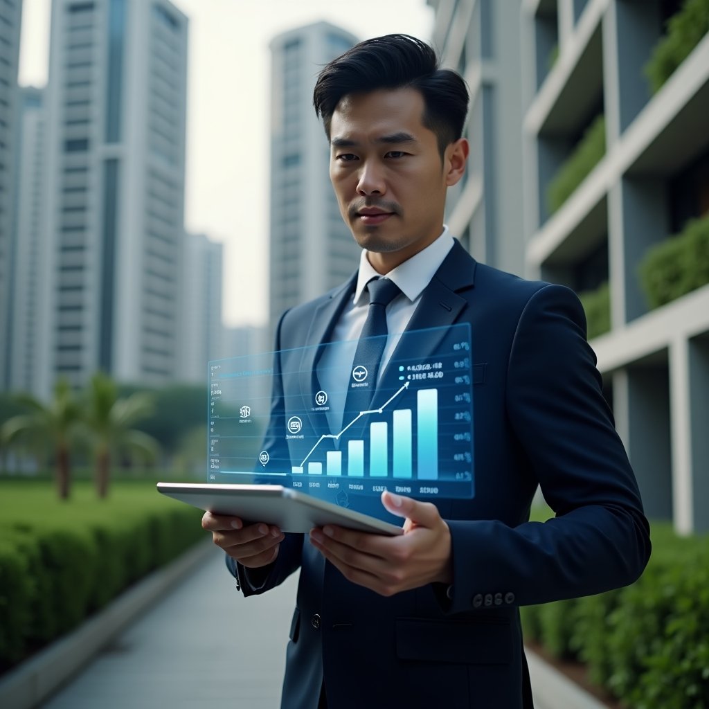 Ultra-realistic condominium manager in a dark blue suit, medium shot, set in a modern luxury condominium environment with high-rise buildings and green landscaping, holding a tablet displaying a cost-reduction graph with floating energy and water savings icons as holograms, confident and focused expression, cinematic lighting, shallow depth of field, highly detailed textures, realistic skin, photographic realism, 8k resolution --ar 1:1 --v 6