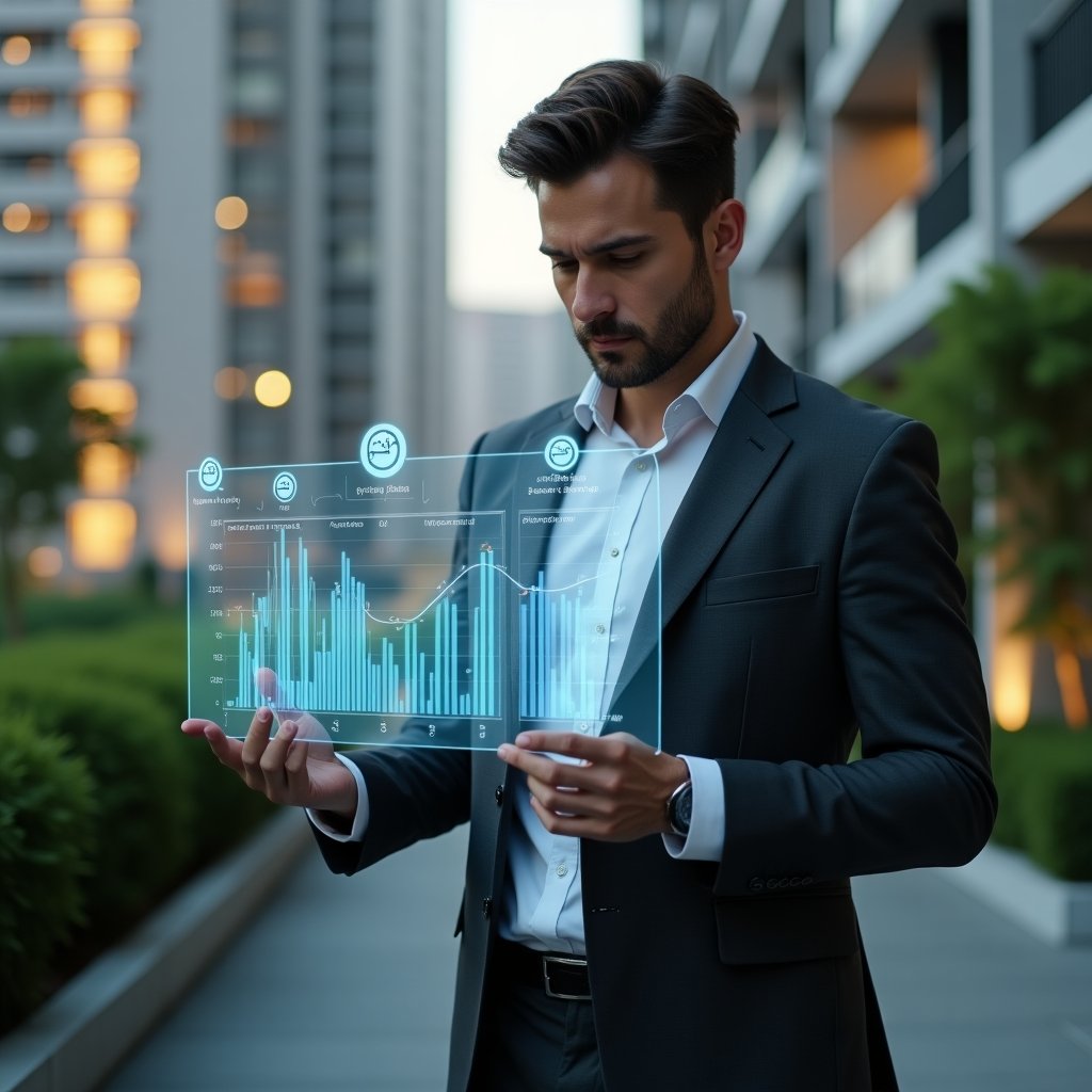 (Ultra-realistic condominium manager in a tailored charcoal suit, set in a modern luxury condominium environment with high-rise buildings and manicured green landscaping, analyzing interactive cost-saving charts on a floating holographic interface, surrounded by energy and water meter icons symbolizing efficiency, confident and focused expression, cinematic lighting, shallow depth of field, highly detailed textures, realistic skin, photographic realism, 8k resolution --ar 1:1 --v 6)