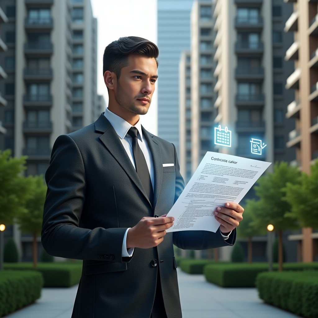 (Ultra-realistic condominium manager in a charcoal gray suit, set in a modern luxury condominium environment with high-rise buildings and manicured green landscaping, reviewing a floating holographic contract with deadline calendar icons and checklist symbols, confident and focused expression, cinematic lighting, shallow depth of field, highly detailed textures, realistic skin, photographic realism, 8k resolution --ar 1:1 --v 6)