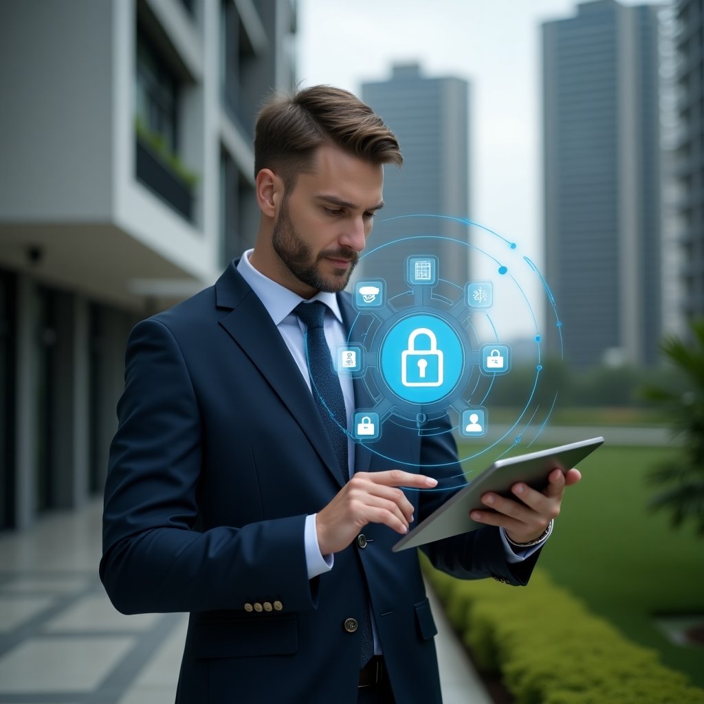 Ultra-realistic condominium manager in a sleek navy suit, set in a modern luxury condominium environment with high-rise buildings and lush green landscaping, reviewing a holographic padlock and security camera icons projected from a tablet, pointing confidently at floating access control logs, cinematic lighting, shallow depth of field, highly detailed textures, realistic skin, photographic realism, 8k resolution --ar 1:1 --v 6
