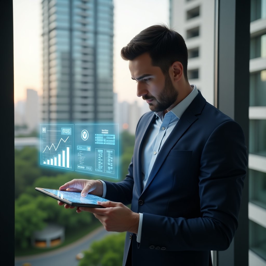 (Ultra-realistic rendering of a professional condominium manager in a tailored navy suit, set in a modern luxury condominium environment with high-rise buildings and lush green landscaping, mid shot of the manager confidently analyzing a digital tablet projecting holographic financial graphs, calculator icons and ledger symbols representing accurate account reconciliation, cinematic lighting, shallow depth of field, highly detailed textures, realistic skin, photographic realism, 8k resolution --ar 1:1 --v 6)