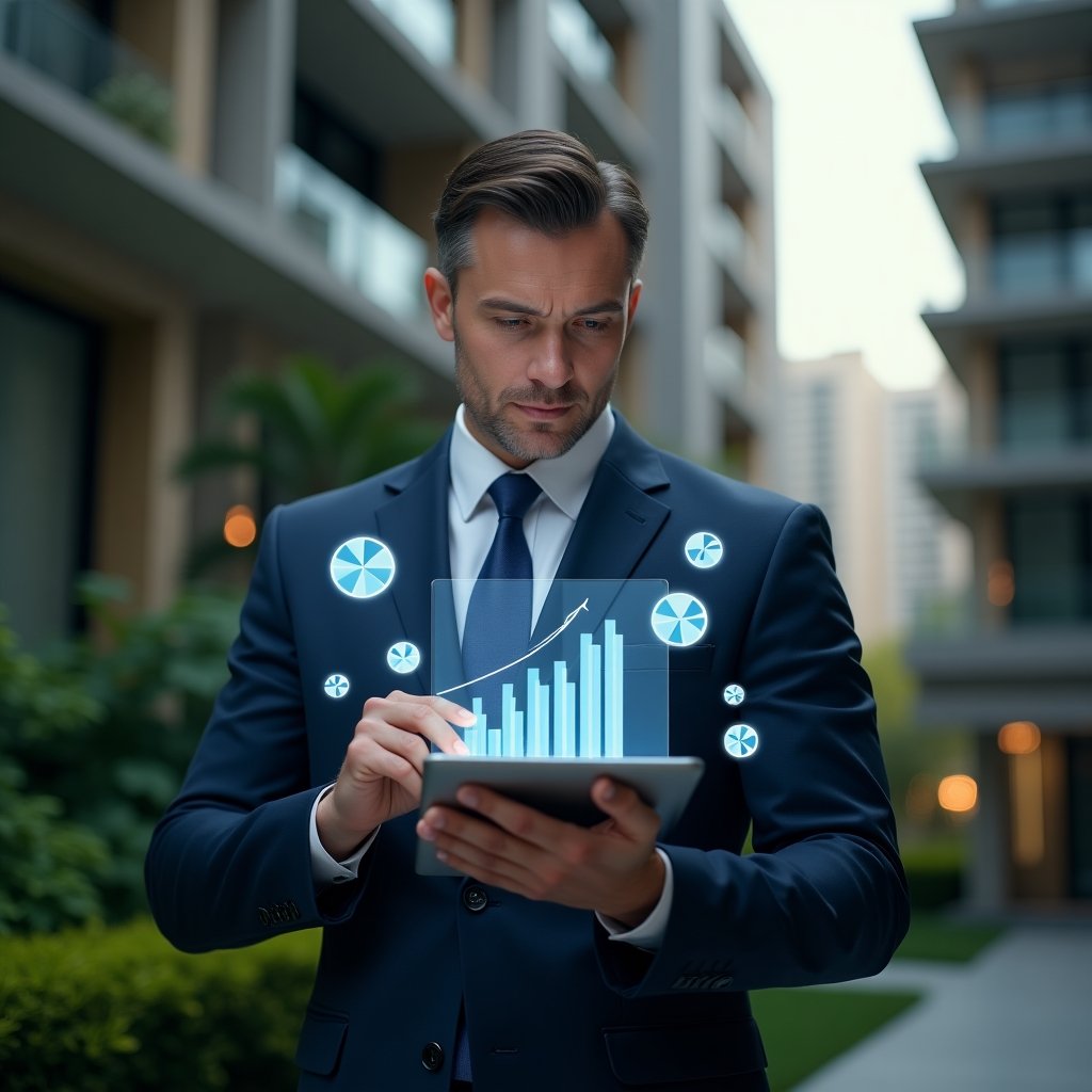 Ultra-realistic condominium manager in a navy blue suit, set in a modern luxury condominium environment with high-rise buildings and lush green landscaping, reviewing holographic expense charts on a transparent tablet with a thoughtful expression, floating icons of coins and pie charts around the device, cinematic lighting, shallow depth of field, highly detailed textures, realistic skin, photographic realism, 8k resolution --ar 1:1 --v 6