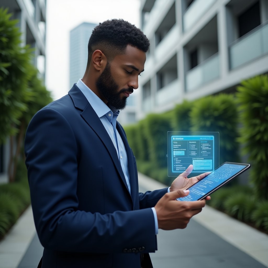 (Ultra-realistic condominium manager in a navy blue executive suit, set in a modern luxury condominium environment with high-rise buildings and manicured green landscaping, reviewing a holographic schedule of tasks on a tablet with floating calendar and alert icons, exuding confidence and focus, cinematic lighting, shallow depth of field, highly detailed textures, realistic skin, photographic realism, 8k resolution --ar 1:1 --v 6)