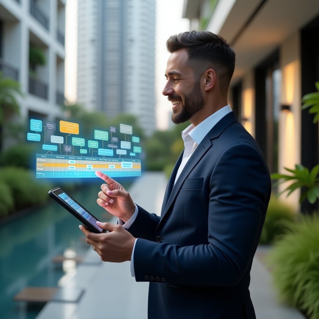 (Ultra-realistic property manager in a tailored navy suit, set in a modern luxury condominium environment with high-rise buildings and lush green landscaping, holding a digital tablet displaying a color-coded activity timeline with floating holographic task icons, confidently pointing at the schedule with a thoughtful smile, cinematic lighting, shallow depth of field, highly detailed textures, realistic skin, photographic realism, 8k resolution --ar 1:1 --v 6)
