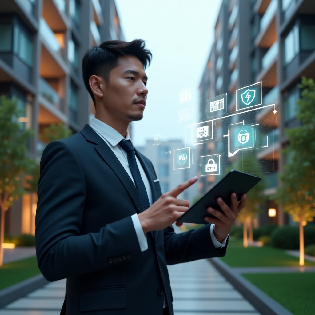 (Ultra-realistic condominium manager in a dark navy suit, set in a modern luxury condominium environment with high-rise buildings and manicured green landscaping, standing confidently while holding a tablet and pointing at a holographic interface showing payment charts, chat bubbles, reservation calendars and security shield icons floating above, cinematic lighting, shallow depth of field, highly detailed textures, realistic skin, photographic realism, 8k resolution --ar 1:1 --v 6)