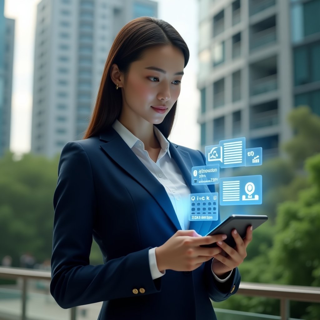 (Ultra-realistic female condominium manager in a navy blue tailored suit, set in a modern luxury condominium environment with high-rise buildings and lush green landscaping in the background, medium shot holding a tablet that projects a floating holographic management app interface with chat notifications, financial charts, and reservation calendar icons, confident and focused expression, cinematic lighting, shallow depth of field, highly detailed textures, realistic skin, photographic realism, 8k resolution --ar 1:1 --v 6)